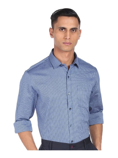 Excalibur Blue Cotton Regular Fit Striped Shirt