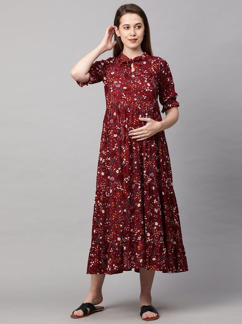 Buy online Mandarin Neck Printed Maternity Dress from clothing for