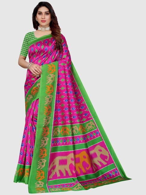 KSUT Pink & Green Printed Sarees With Unstitched Blouse Price in India