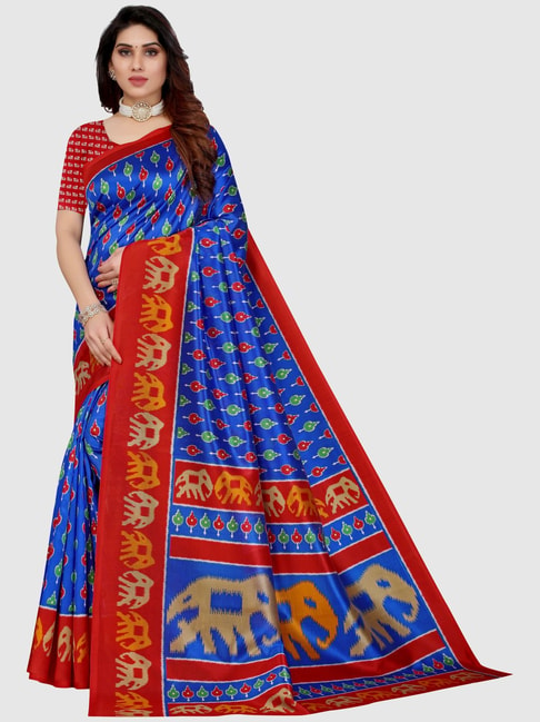 KSUT Blue & Red Printed Sarees With Unstitched Blouse Price in India
