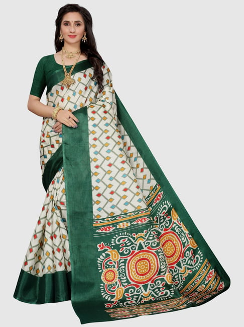 KSUT White & Green Printed Sarees With Unstitched Blouse Price in India