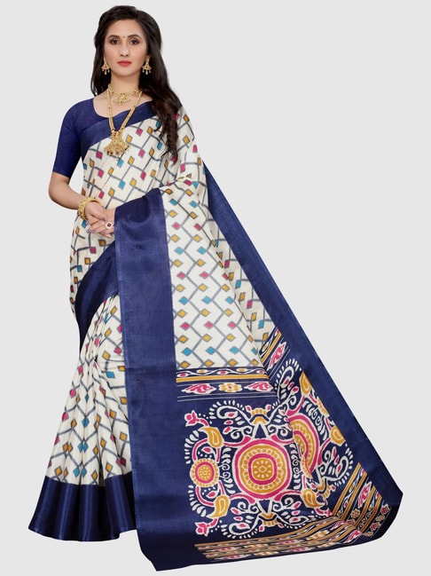 KSUT White & Navy Printed Sarees With Unstitched Blouse Price in India