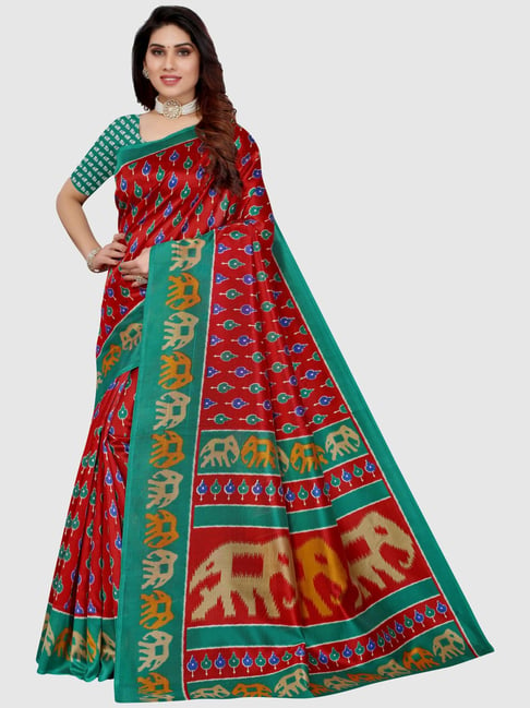 KSUT Red & Green Printed Sarees With Unstitched Blouse Price in India