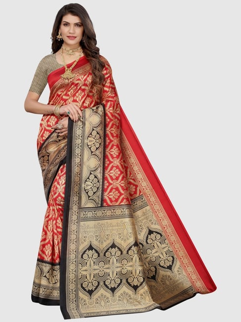KSUT Red & Black Woven Sarees With Unstitched Blouse Price in India