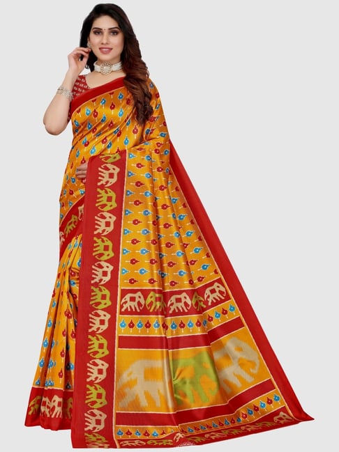 KSUT Mustard & Red Printed Sarees With Unstitched Blouse Price in India