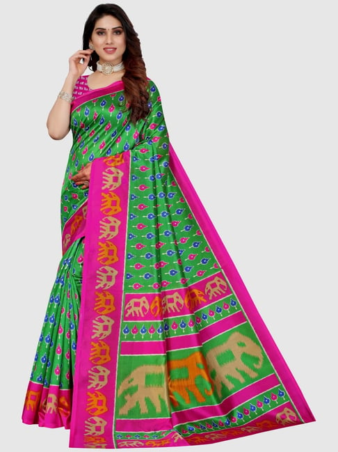 KSUT Green & Pink Printed Sarees With Unstitched Blouse Price in India