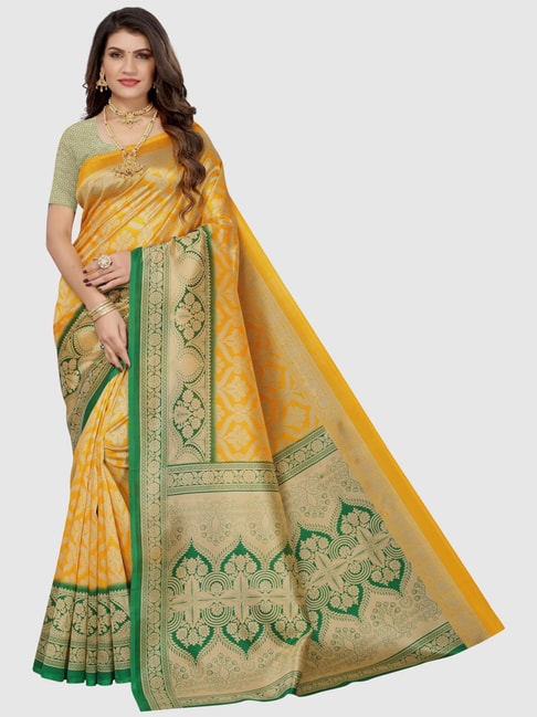 KSUT Yellow & Green Woven Sarees With Unstitched Blouse Price in India
