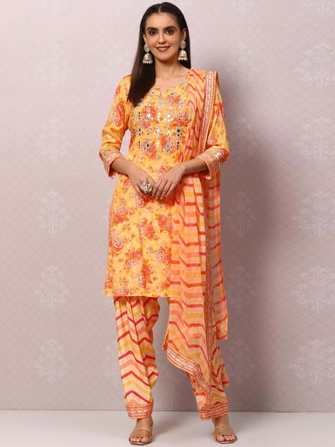 Biba Yellow Printed Kurta Salwar Set With Dupatta & Mask