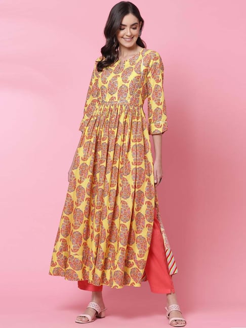 Biba Yellow Printed A Line Kurta Price in India