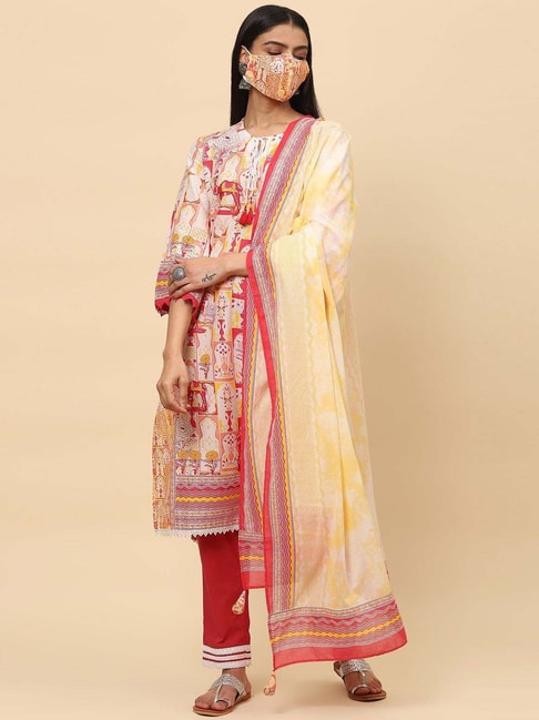 Biba Yellow & Red Printed Kurta Pant Set With Dupatta Price in India