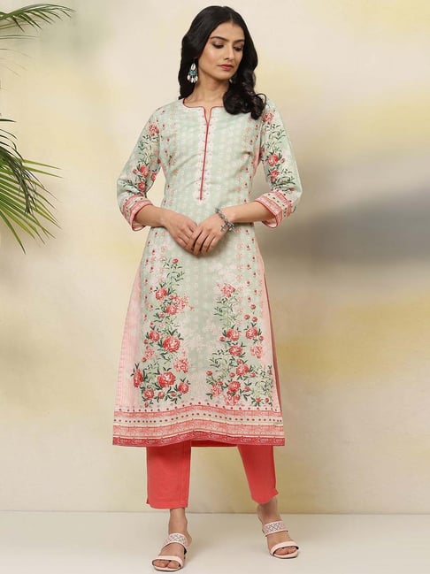 Biba Pink & Grey Printed Straight Kurta Price in India