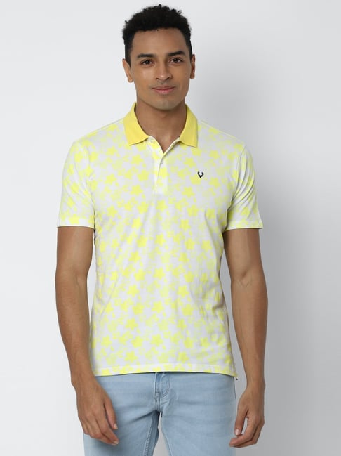 Allen Solly Grey & Yellow Cotton Regular Fit Printed Polo T-Shirt