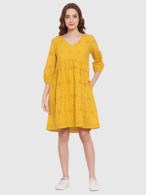 Terquois Yellow Cut Work Dress Price in India