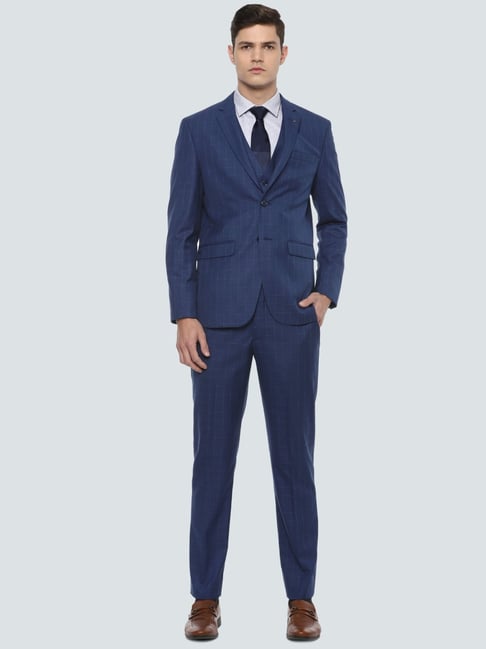 Louis Philippe Blue Slim Fit Checks Three Piece Suits