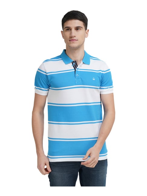 United Colors of Benetton Blue Cotton Regular Fit Striped Polo T-Shirt