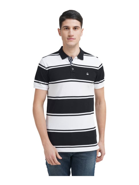 United Colors of Benetton Black Cotton Regular Fit Striped Polo T-Shirt