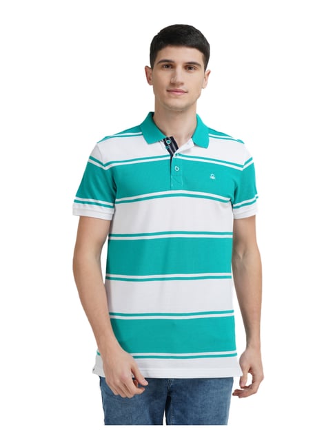 United Colors of Benetton Sea Green Cotton Regular Fit Striped Polo T-Shirt