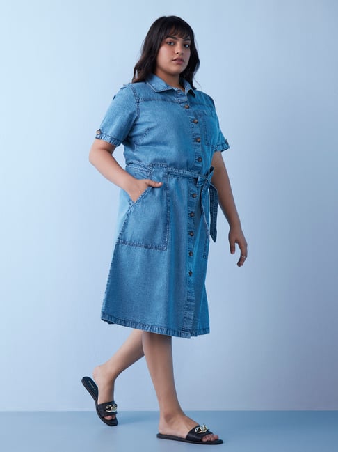 Gia Curves by Westside Blue Denim Shirtdress with Belt Price in India