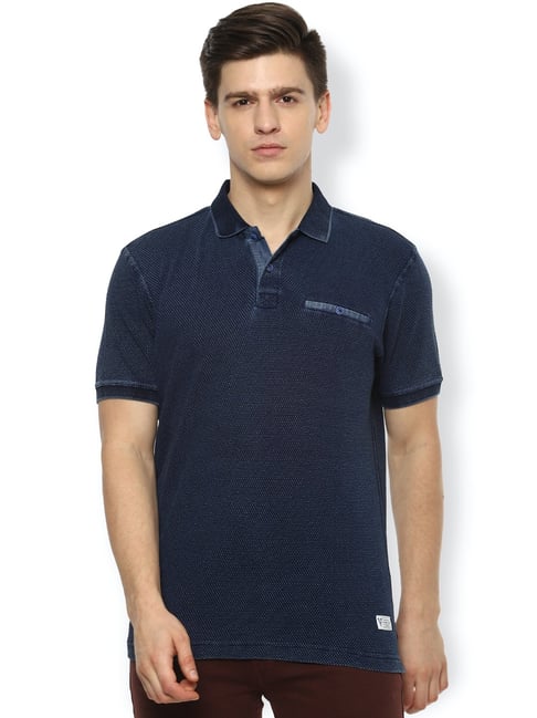 Van Heusen Navy Cotton Regular Fit Self Pattern Polo T-Shirt