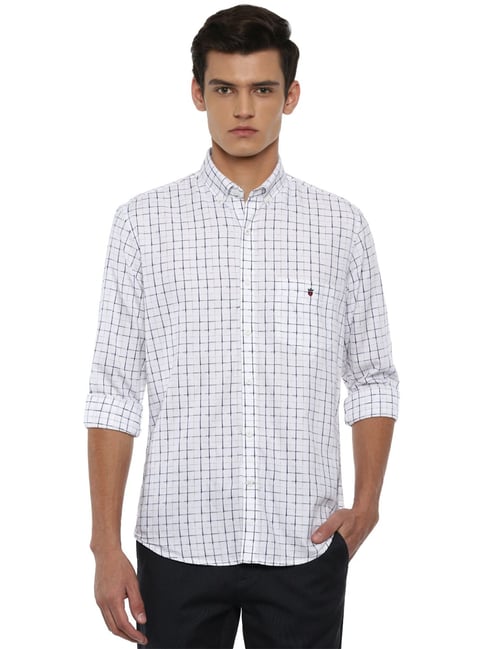 Louis Philippe White Cotton Slim Fit Checks Shirt