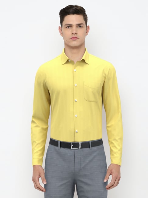 Peter England Yellow Cotton Slim Fit Formal Shirt