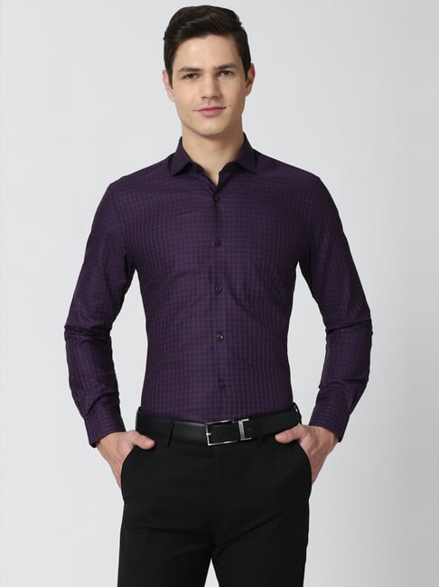 Peter England Purple Cotton Slim Fit Checks Formal Shirt