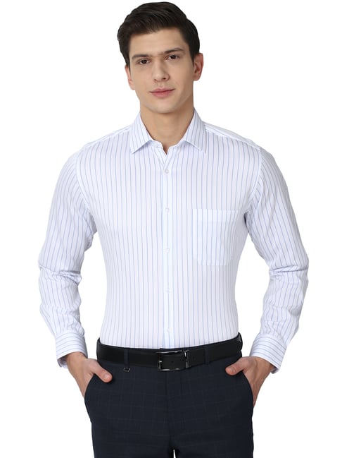 Van Heusen White Cotton Regular Fit Striped Formal Shirt