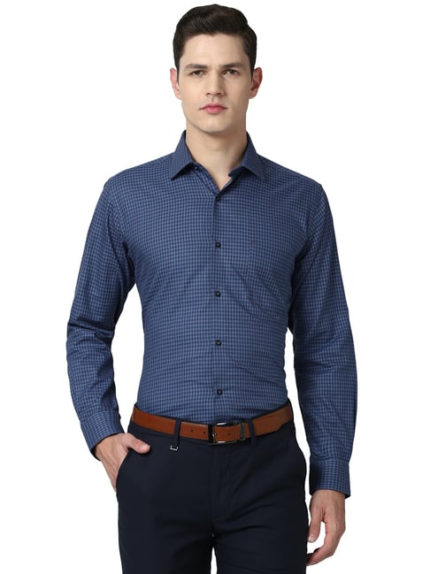 Van Heusen Navy Cotton Regular Fit Checks Formal Shirt