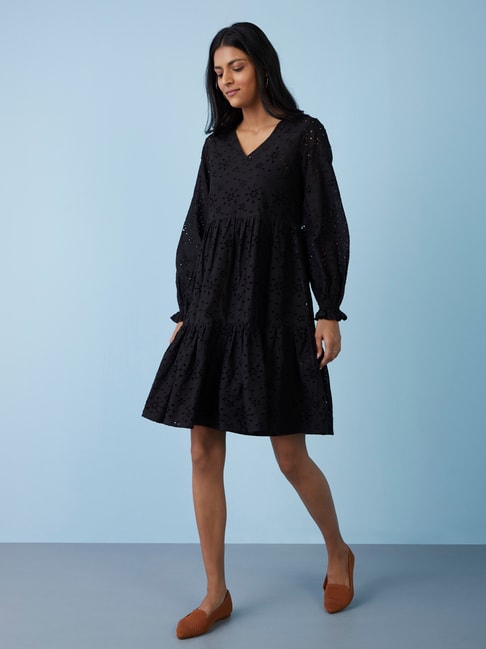 LOV by Westside Black Schiffli Tiered Dress with Camisole Price in India
