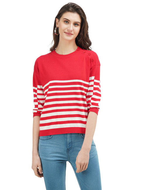 United Colors of Benetton Red Striped Round Neck Top Price in India
