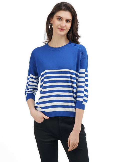 United Colors of Benetton Blue Striped Round Neck Top