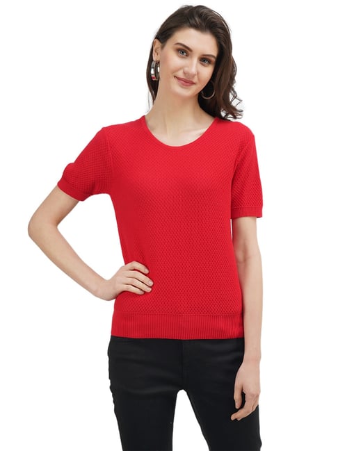 United Colors of Benetton Red Self Design Round Neck Top