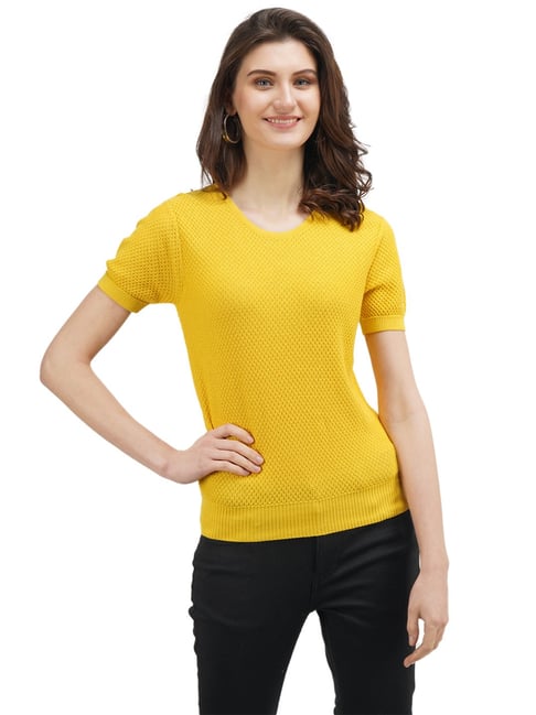 United Colors of Benetton Mustard Self Design Round Neck Top