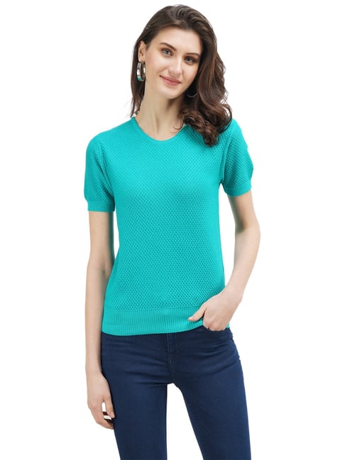 United Colors of Benetton Turquoise Self Design Round Neck Top