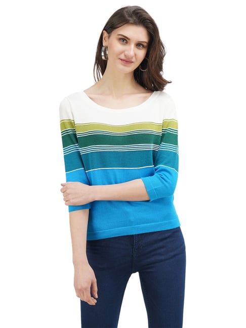 United Colors of Benetton Blue Striped Round Neck Top