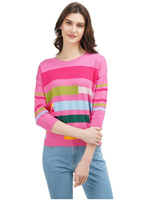 United Colors of Benetton Pink Striped Round Neck Top