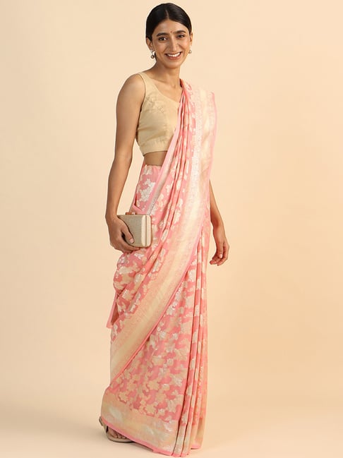 TANEIRA Peach Textured Saree With Blouse Price in India