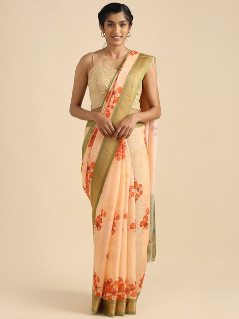 TANEIRA Peach Printed Saree With Blouse Price in India