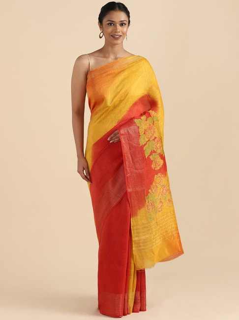 TANEIRA Red & Yellow Printed Saree With Blouse Price in India