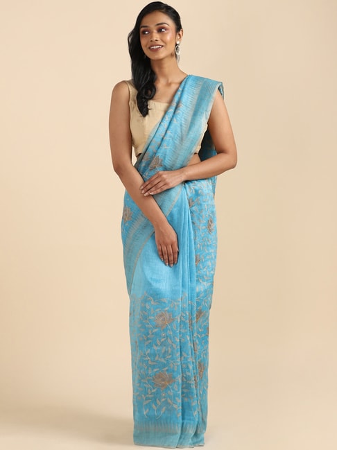 TANEIRA Turquoise Embroidered Saree With Blouse Price in India