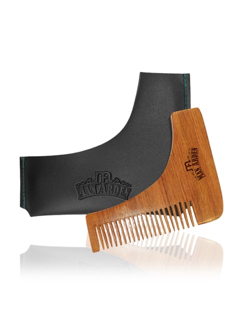 Man Arden White Neem Wooden L Shaped Beard Comb with Rich Leather Pouch