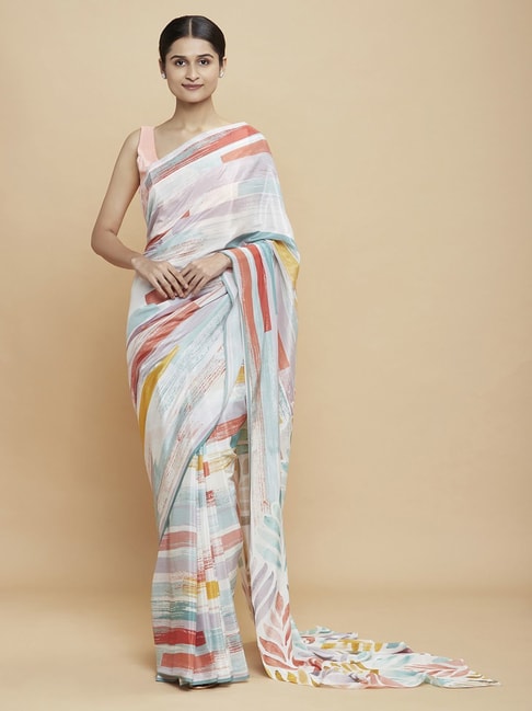 Navyasa White Liva Crepe Abstract Printed Saree With Coordinated Unstitched Blouse Piece Price in India