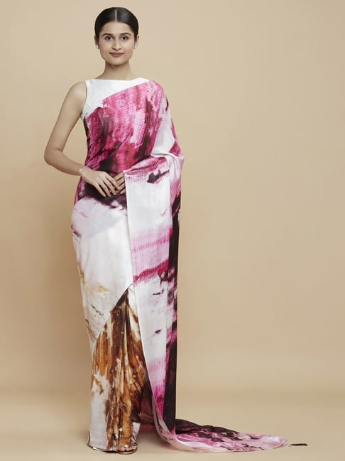 Navyasa White Liva Satin Abstract Printed Saree With Coordinated Unstitched Blouse Piece Price in India