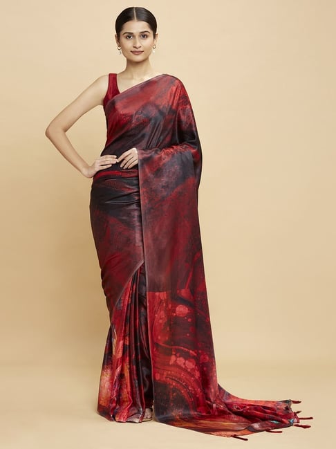 Navyasa Maroon Liva Satin Abstract Printed Saree With Coordinated Unstitched Blouse Piece Price in India