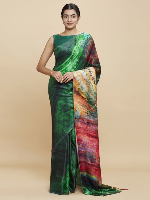 Navyasa Emerald Green Liva Satin Abstract Printed Saree With Coordinated Unstitched Blouse Piece Price in India