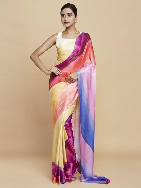 Navyasa Peach Liva Satin Abstract Printed Saree With Coordinated Unstitched Blouse Piece Price in India