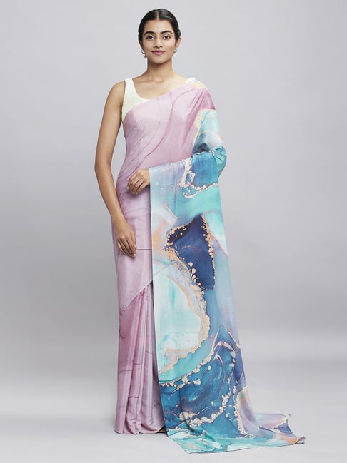 Navyasa Lavender Liva Crepe Abstract Printed Saree With Coordinated Unstitched Blouse Piece Price in India