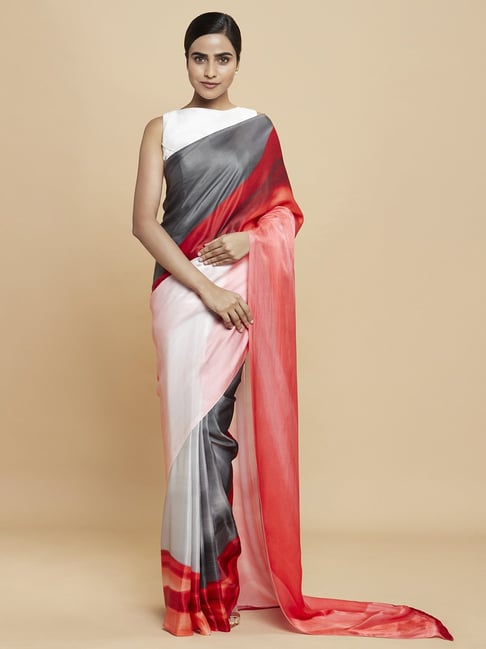 Navyasa Grey Liva Satin Abstract Printed Saree With Coordinated Unstitched Blouse Piece Price in India