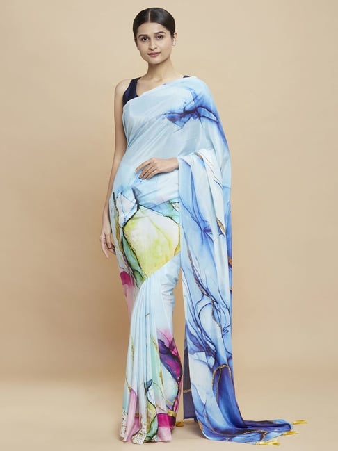 Navyasa Powder Blue Liva Crepe Abstract Printed Saree With Coordinated Unstitched Blouse Piece Price in India