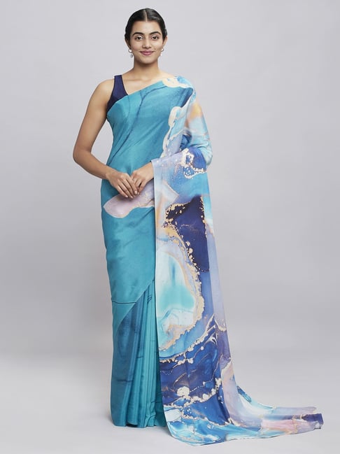 Navyasa Blue Liva Crepe Abstract Printed Saree With Coordinated Unstitched Blouse Piece Price in India